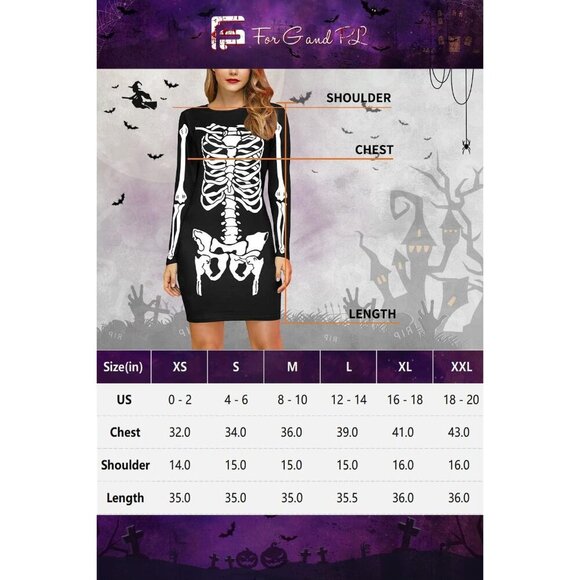 Women's Halloween Costume Skeleton Funny Long Sleeve Midi Skeleton Dresses - Picture 8 of 8